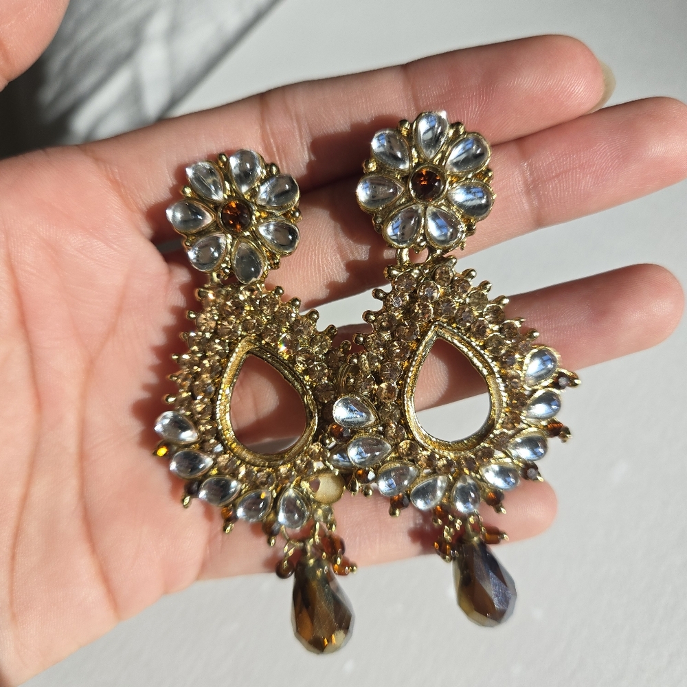 Statement gold Earrings bronze flower petal paisley tear drop silver brown